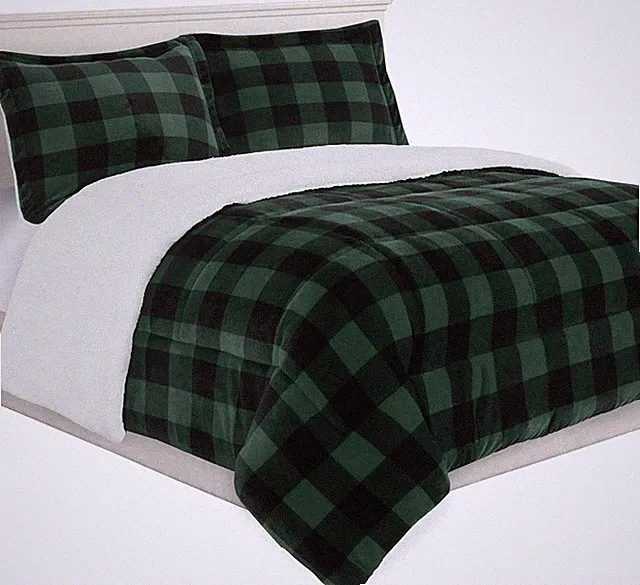 3-Piece Queen Buffalo Plaid Comforter Set, Reversible Sherpa Micro-Suede Bedding
