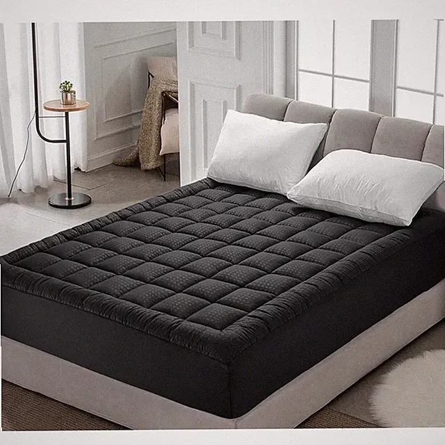 Black Quilted Mattress Topper Deep Pocket Fitted Bed Cover Plush Cushion Pad