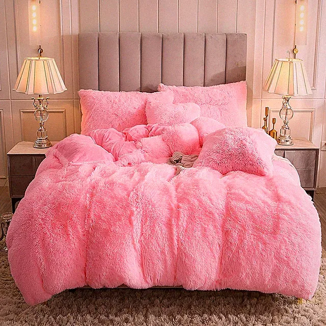 Faux Fur Velvet Fluffy Bedding Duvet Cover Set down Comforter Quilt Cover with P