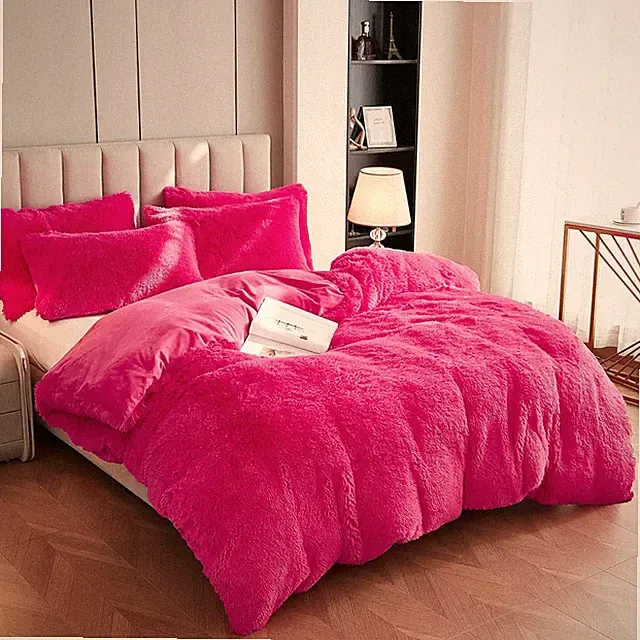 Faux Fur Velvet Fluffy Set Duvet Cover with Pillow Cushions (Hot Pink)
