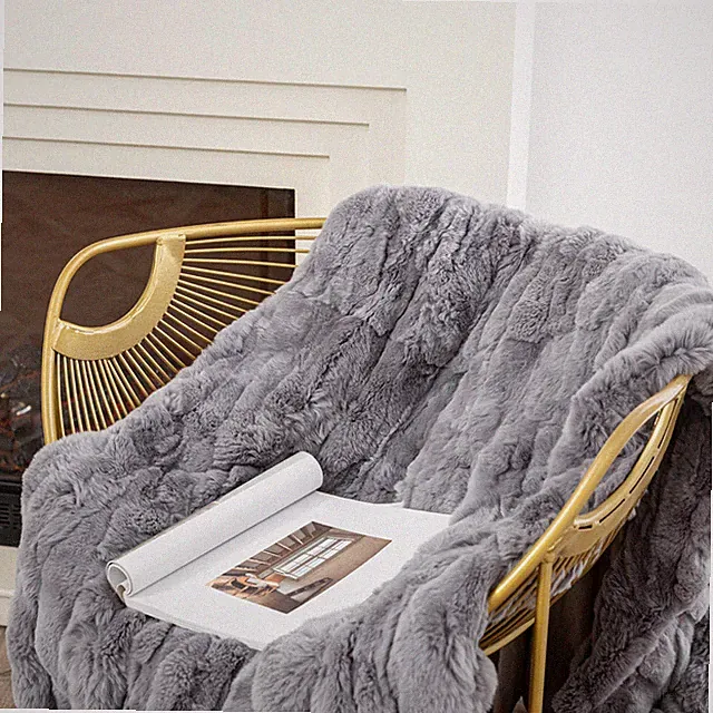 Grey Soft Real Rex Rabbit Fur Chair Throw Blanket Luxury Bedspread Queen 79x55''