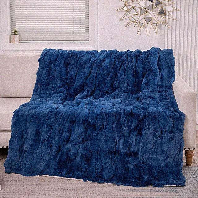 Luxury Dark Blue Real Rex Rabbit Fur Throw Blanket Warm Sofa Bedspread 79inx55in