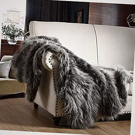 Luxury Faux Fur Throw Blanket and Black High Pile Mixed Throw 50'' x 60'' Grey
