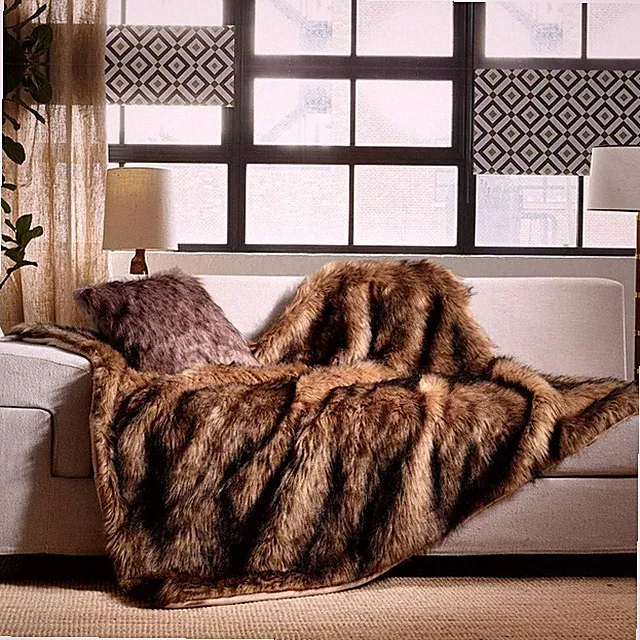 Luxury Plush Faux Fur Throw Blanket Long Pile Brown with Black Tipped Blanket...