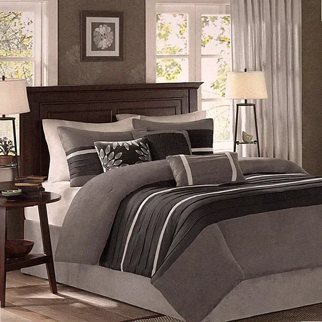Palmer Comforter Set Faux Suede Design, Striped Accent, All Season Down Alte...