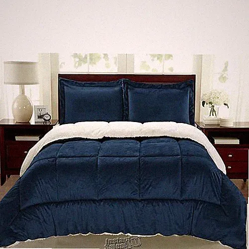 Sherpa Faux Suede Comforter Set Navy Queen 100% Polyester