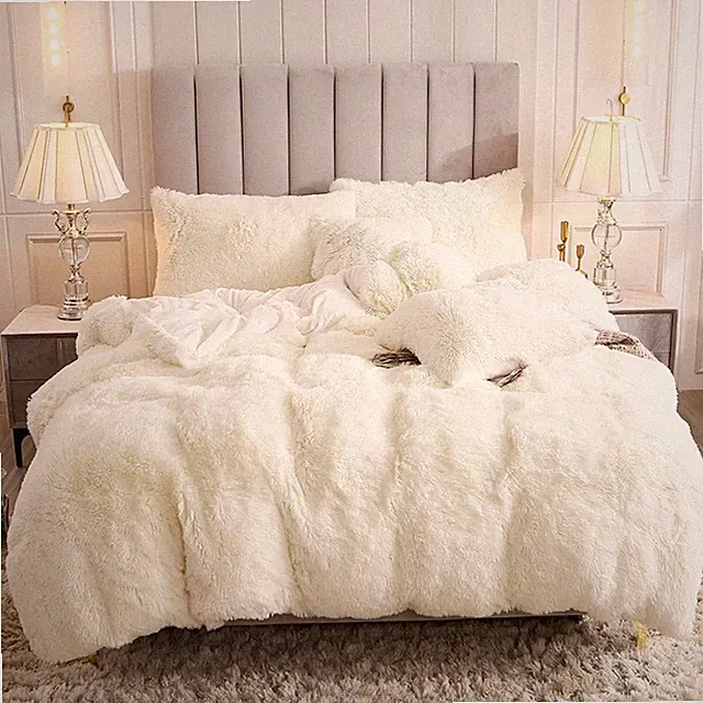 Uhamho Faux Fur Velvet Fluffy Bedding Duvet Cover Set Down Comforter Quilt Co...