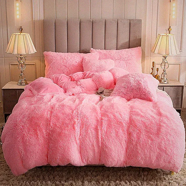 Uhamho Faux Fur Velvet Fluffy Bedding Duvet Cover Set Down Comforter Quilt Cover